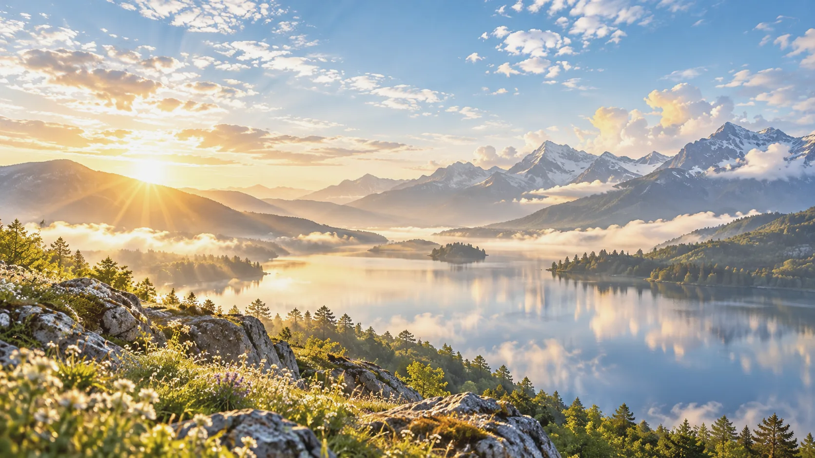 湖と山が朝の光に包まれたフォトリアルな風景。自分の未来へ向かう希望を表現